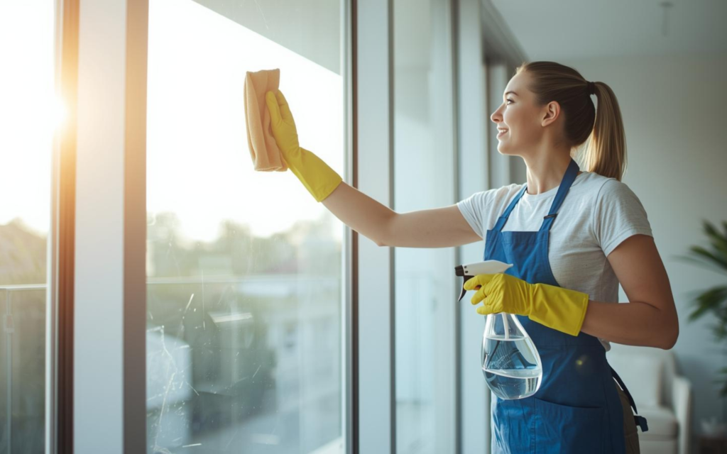 Woman cleaning a large window with spray bottle.